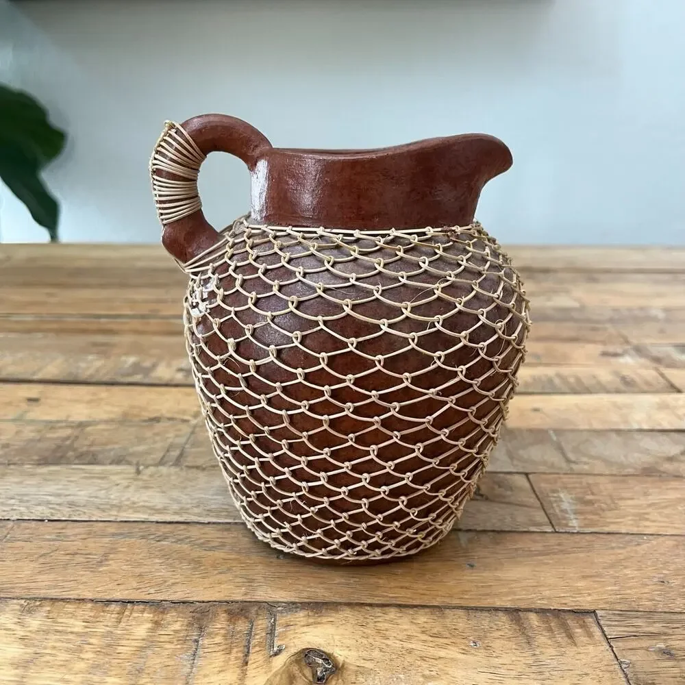 Terracotta Earthenware Pitcher Hand-looped Rattan Netting 6.25” Tall